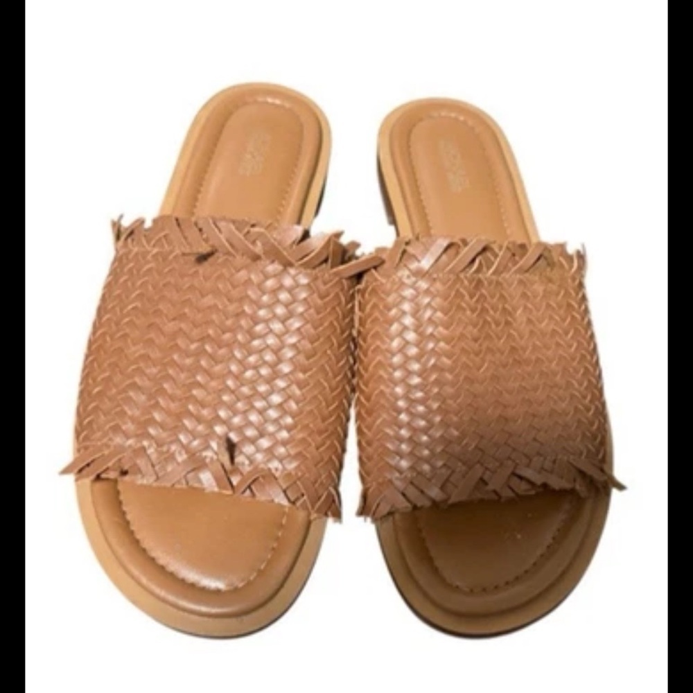 Michael Kors Dee Woven Leather Slides Brown Sandals Size 9M Open Toe